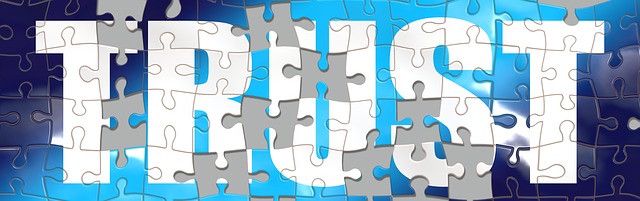Puzzle pices spelling out "Trust" in white letters on a gradient blue background